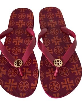 ​Tory Burch Thin Logo Flip Flops Fuchsia Orange Monogram Gold Medallion Sandal